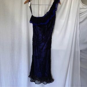 Scala Blue One Shoulder Ruffled Formal Cocktail Dress